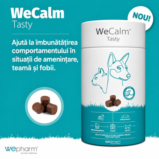 WeCalm Tasty – Supliment Calmant cu Gust Plăcut pentru Câini și Pisici, 30 Comprimate Masticabile – WePharm